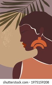 Artistic, minimalistic, abstract portrait of african woman, female with a bald head. Fashion modern template, greeting card, silhouette, background poster with wall art print. Vector.