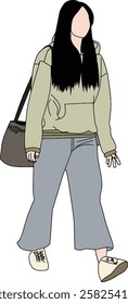 An artistic minimalistic vector representation of a woman wearing casual apparel, holding a tote bag, and walking. Perfect for projects requiring simplicity, modern design, and relatable urban themes.