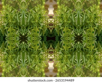 Artistic mirrored design featuring lush rosemary plants arranged in a symmetrical, kaleidoscopic pattern. This botanical illustration highlights the natural textures and colors of rosemary herbs
