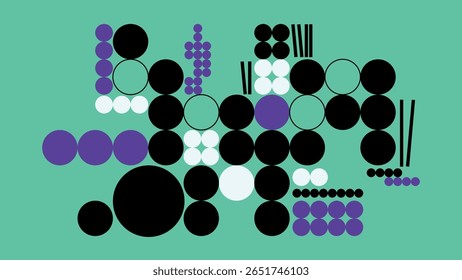 Mistura artística de verde neon, roxo e círculos pretos em uma tela amarela, formando uma estrutura abstrata com ritmo moderno e lúdico.