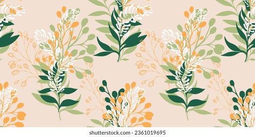 Artistic, modern, colorful, tropical seamless pattern with  branches and leaves. Vector hand drawn sketch silhouette abstract leaves pattern. Template for design, textile, fashion, print