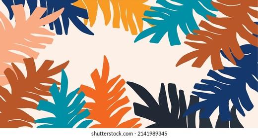 Artistic modern simple abstraction with colored palm leaves on a beige background