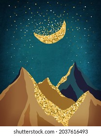Artistic modern vector illustration with mountain landscape. Magic night starry sky with golden elements and moon.