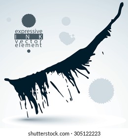 Artistic monochrome abstract dirty ink template, scanned and traced splashing decorative element. Rough grungy background.