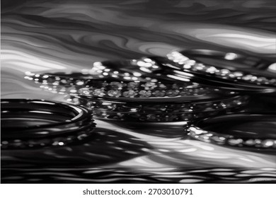 Uma fotografia monocromática artística com vários anéis de metal adornados com pequenas pedras preciosas ou diamantes. Disposta em uma superfície texturizada e reflexiva à luz, a composição destaca sombras intrincadas