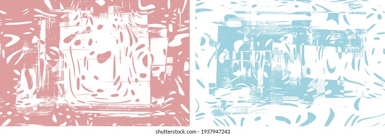 Artistic monochrome vector set, messy paint strokes, splatters on canvas. Bright grunge background, cover, texture, template