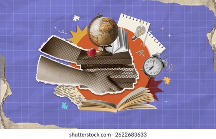 An artistic montage representing Back to school themes, showcasing educational symbols like globes, books, and motivational elements.