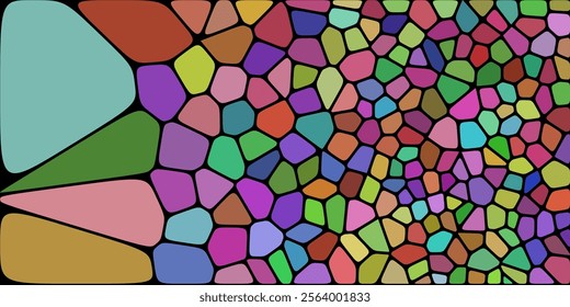 An artistic mosaic featuring irregular, colorful polygons with bold black outlines, transitioning from large shapes on the left to smaller, intricate ones on the right.