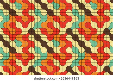 Artistic mosaic pattern of abstract metaball shapes in a retro color palette, forming a smooth, seamless geometric layout