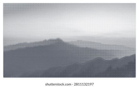 Artistic mountain range silhouette formed by halftone circular elements and intersecting lines. Modern minimalist graphic design featuring topographic terrain landscape.