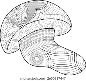 Artistic Mushroom Outline with Complex Patterns for Adult Coloring. Perfect for Relaxation, Mindfulness, and Creative Projects.