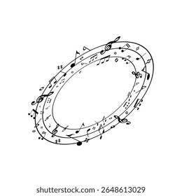 Artistic music note swirl and spiral design forming an elegant oval frame, ideal for musical backgrounds, concert posters, event invitations, or decorative elements