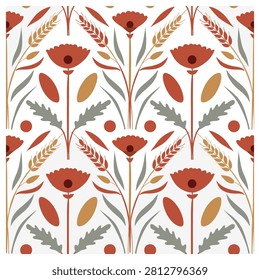 Artistic nature repeat design. Poppy and grain illustration. Contemporary botanical wallpaper with warm color scheme.