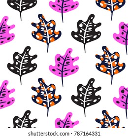 Artistic neon bright pink color stained leaves seamless pattern vector.