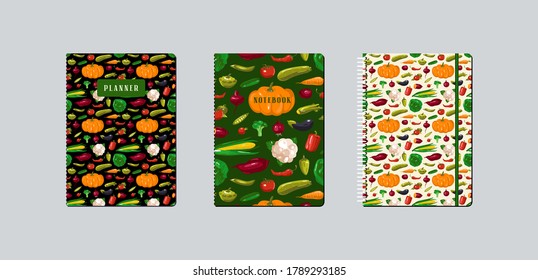 Artistic notebook covers design with hand-drawn graphic. Pattern with the image of vegetables