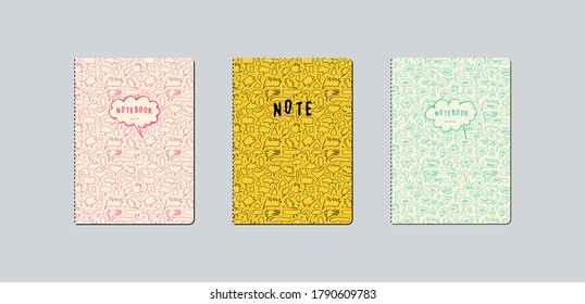 Artistic notebook covers design with hand-drawn graphic. Speech bubble pattern set