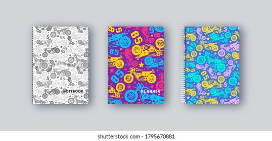 Artistic notebook covers design. Pattern with motorcycles drawings