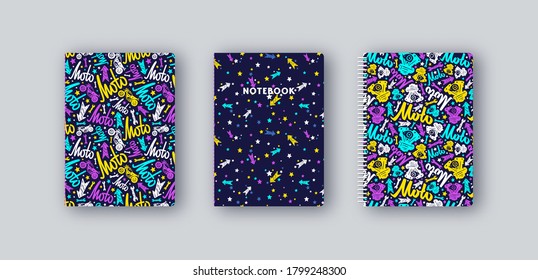 Artistic notebook covers design. Pattern with motorcycles drawings and lettering