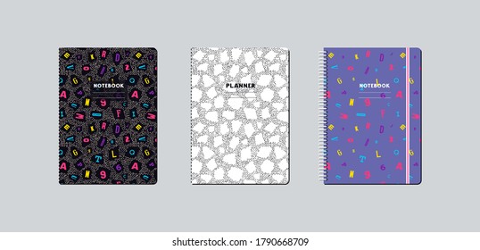 Artistic notebook covers design. Spotted pattern with letters