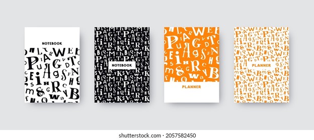 Artistic notebook covers design. Various letters seamless pattern in typographic style. Vector illustration