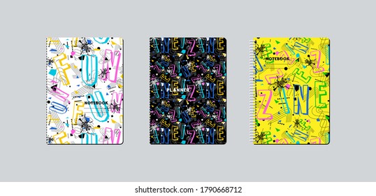 Artistic notebook covers design. Zine culture pattern 