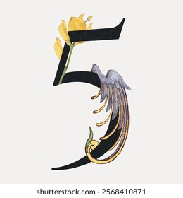 Artistic number 5 with floral and bird design. Number 5 features yellow flowers and a bird motif. Elegant number 5 with nature-inspired elements. Isolated vintage art illustration vector element.