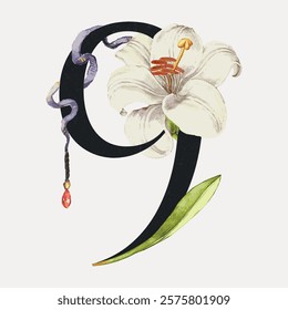 Artistic number 9 with a white lily and green leaf. Elegant floral design with a lily, enhancing the number 9. Decorative number 9 with a lily motif.