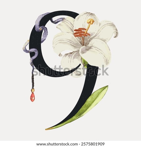 Artistic number 9 with a white lily and green leaf. Elegant floral design with a lily, enhancing the number 9. Decorative number 9 with a lily motif.