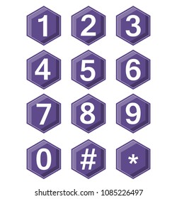 Artistic number set on ultraviolet hexagonal buttons. Hash tag and star symbole included. Buttons with 3d effect.
