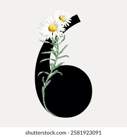 Artistic number six with white daisies. Floral design with daisies on number six. Elegant number six featuring daisies. Daisies and number six art. Vintage floral font vector.