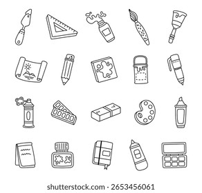Artistic object set in outline line art with drawing supplies, painting tools, stationery items and graphic materials for your illustration and creative designs projects