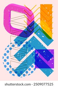 Artistic object in trendy riso graph design. Colorful geometric shapes. Geometry elements abstract risograph print texture style.