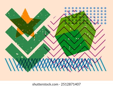 Objeto artístico em design de gráfico de riso na moda. Formas geométricas coloridas. Estilo de textura de impressão de risografia abstrata de elementos de geometria.