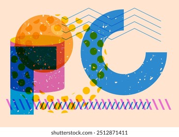 Objeto artístico em design de gráfico de riso na moda. Formas geométricas coloridas. Estilo de textura de impressão de risografia abstrata de elementos de geometria.