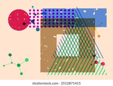 Objeto artístico em design de gráfico de riso na moda. Formas geométricas coloridas. Estilo de textura de impressão de risografia abstrata de elementos de geometria.