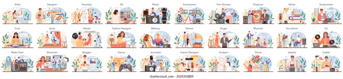 Artistic occupation set. Designer, dancer, artist, musician, florist and sculptor, restorer and make up artist. Collection of hobby and m odern profession. Isolated vector illustration