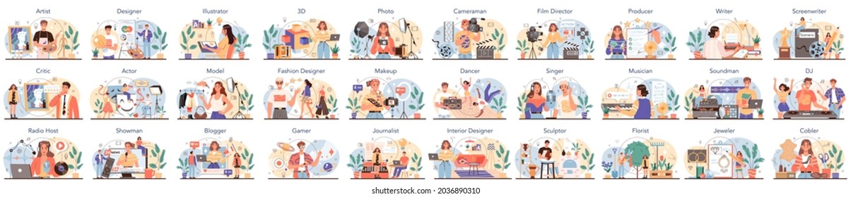 Artistic occupation set. Designer, dancer, artist, musician, florist and sculptor, restorer and make up artist. Collection of hobby and modern professions. Isolated vector illustration