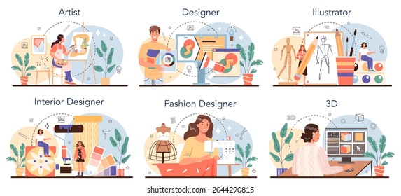 Artistic occupation set. Fashion, interior and 3d designer, artist and illustrator. Collection of creative hobbies and modern professions. Isolated vector illustration