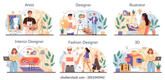 Artistic occupation set. Fashion, interior and 3d designer, artist and illustrator. Collection of creative hobbies and modern professions. Isolated vector illustration