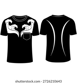 Künstlerische Ozean Welle Print Tasche T-Shirt mit gekrümmten Rückwand Details Silhouette Vektorgrafik für Streetwear Mode Bekleidung