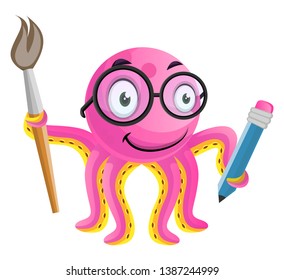 Artistic octopus with pencil and brush in hand illustration vector on white background