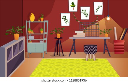 Vista interior de oficina o habitación artística decorada con plantas botánicas, cuadros y maceta de flores.