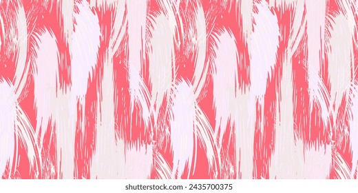 Pincel dinámico de aceite artístico traza un patrón de textura sin fisuras. Luz salpicaduras de pintura sobre un fondo rojo. Impresión geométrica abstracta con manchas, gotas, manchas y líneas verticales con motivos. Collage
