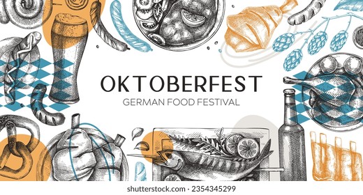 Artistic Oktoberfest background. Hand-drawn vector illustration. German food and drinks menu design template. Meat dishes sketches. Traditional German beer festival banner. 