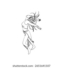 Artistic one line drawing of a joyful woman leaping with arms open and hair flowing. Free-spirited dance pose captured in a minimalist and expressive style.