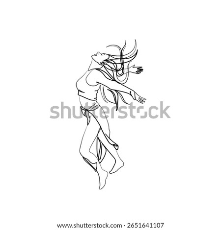 Artistic one line drawing of a joyful woman leaping with arms open and hair flowing. Free-spirited dance pose captured in a minimalist and expressive style.