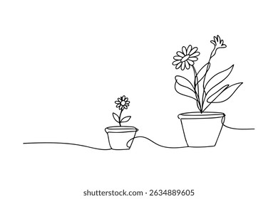 Artistic one line drawing of two potted flowers in different stages of growth