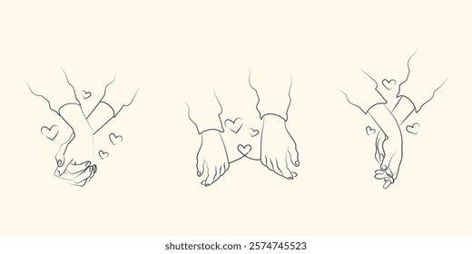 Artistic one-line drawings of hands holding, ideal for romantic Valentine's Day designs, wedding branding, or love-inspired creative projects. A modern minimalist romantic vector illustration.