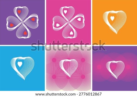 Artistic Optical Illusion Heart and Clover Design Bundle. A creative and vibrant collection featuring six unique variations of an optical illusion style heart motif, including a beautiful four-leaf clover arrangement. The design utilizes delicate white layered line-art to create a 3D heart effect, set against bold solid backgrounds and complex concentric circle patterns. The bundle includes striking palettes of purple, magenta, orange, and sky blue. These artistic graphics are perfect for Valentine’s Day cards, wedding invitations, boutique branding, wall art, and personalized stationery. It offers a perfect blend of romantic symbolism and modern geometric abstraction.