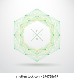 Artistic, ornamental background line graphics with hexagon shape text box for web page, brochure, banner- green, yellow version